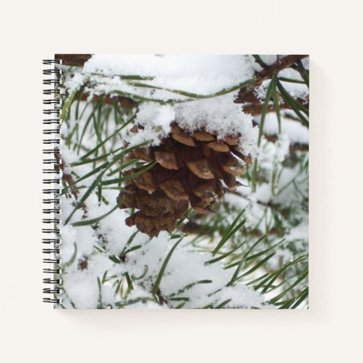 Snowy Pine Cone I Winter Natuur Foto Notitieboek (Voorkant)