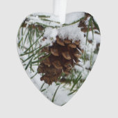 Snowy Pine Cone I Winter Natuur Foto Ornament (voorkant)