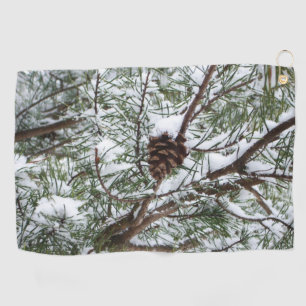 Snowy Pine Cone II Winter Natuur Fotografie Golfhanddoek