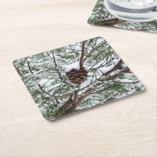 Snowy Pine Cone II Winter Natuur Fotografie Kartonnen Onderzetters (Schuin)