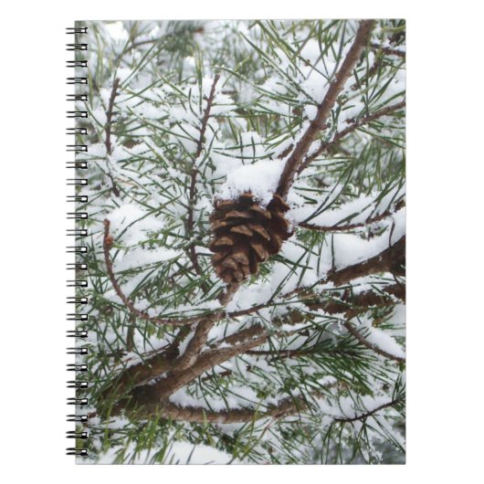 Snowy Pine Cone II Winter Natuur Fotografie Notitieboek (Voorkant)