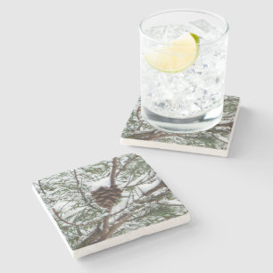 Snowy Pine Cone II Winter Natuur Fotografie Stenen Onderzetter