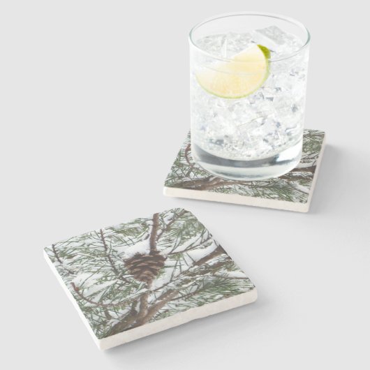 Snowy Pine Cone II Winter Natuur Fotografie Stenen Onderzetter (Zijkant)