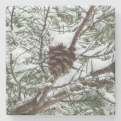 Snowy Pine Cone II Winter Natuur Fotografie Stenen Onderzetter (Voorkant)