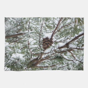 Snowy Pine Cone II Winter Natuur Fotografie Theedoek