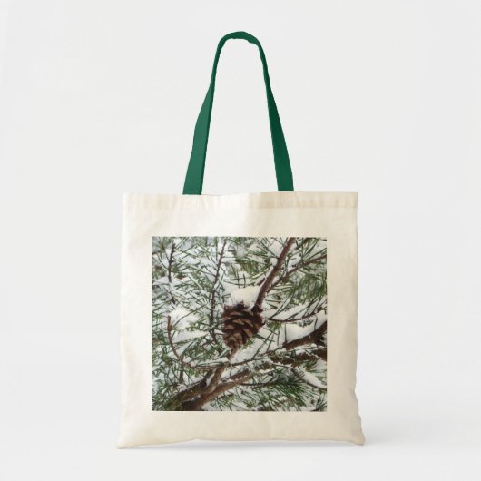 Snowy Pine Cone II Winter Natuur Fotografie Tote Bag (Voorkant)