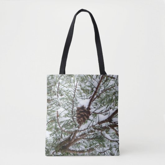 Snowy Pine Cone II Winter Natuur Fotografie Tote Bag (Voorkant)