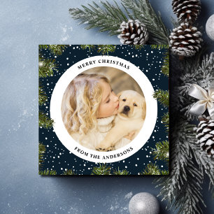 Snowy Pine Foliage Blue-kerstfoto Feestdagenkaart