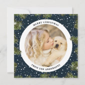 Snowy Pine Foliage Blue-kerstfoto Feestdagenkaart (Voorkant)