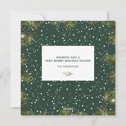 Snowy Pine Foliage kerstfoto Feestdagenkaart (Achterkant)