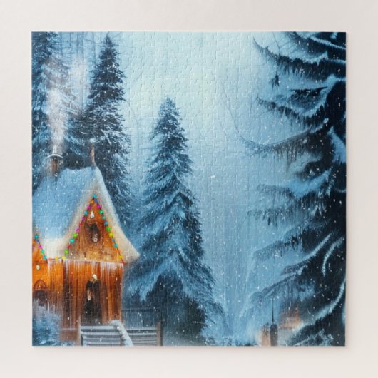 Snowy Pine Forest met Cabine 20x20 Puzzle Legpuzzel (Verticaal)