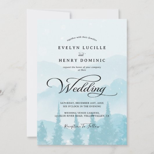 Snowy Pine Forest Mountains Winter Wedding Kaart (Voorkant)
