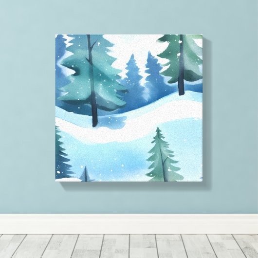 Snowy Pine Forest | Waterverf in de winter Canvas Afdruk (Insitu (Houten vloer))