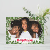 Snowy Pine Needles Happy Holiday Photo Card Feestdagenkaart (Staand voorkant)