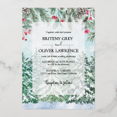 Snowy Pine Tree Forest Waterverf thema bruiloft Folie Uitnodiging (Voorkant)