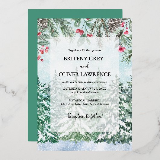 Snowy Pine Tree Forest Waterverf thema bruiloft Folie Uitnodiging (Voorkant / Achterkant)