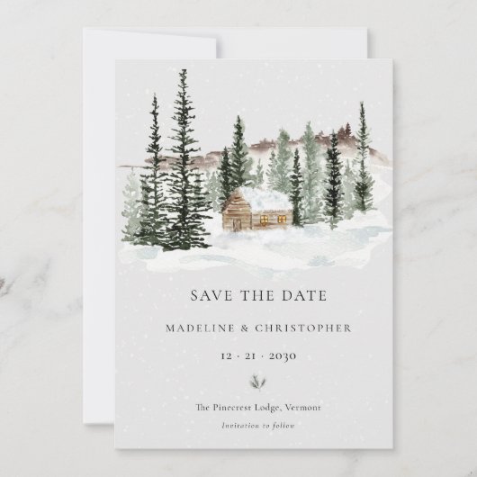 Snowy Pine Tree Winter Wedding Save the Date (Voorkant)