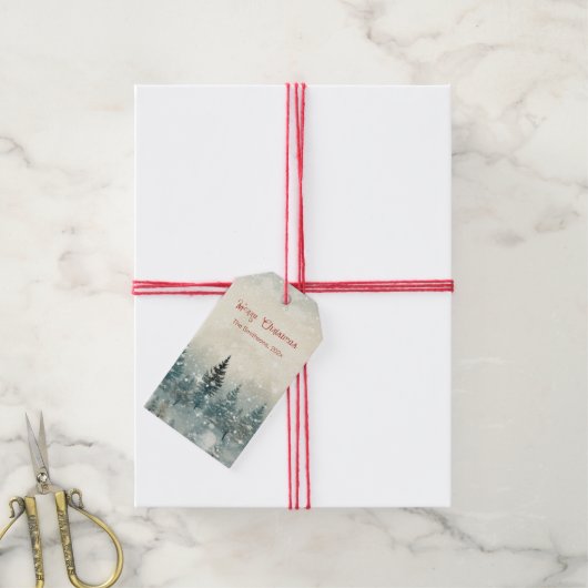  Snowy Pine Trees Christmas Cadeaulabel (Met Touw)