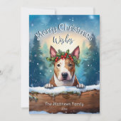 Snowy Pines Peeking Bull Terrier Vrolijk Kerstfees Feestdagenkaart (Voorkant)