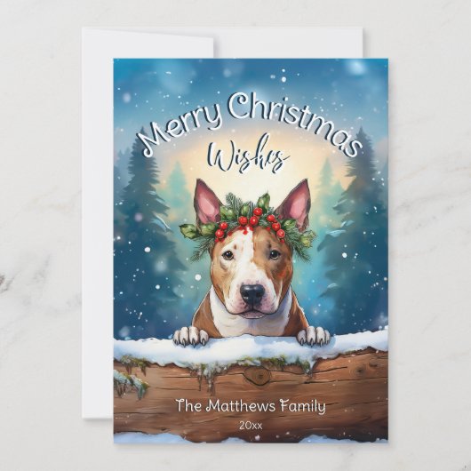 Snowy Pines Peeking Bull Terrier Vrolijk Kerstfees Feestdagenkaart (Voorkant)