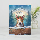 Snowy Pines Peeking Bull Terrier Vrolijk Kerstfees Feestdagenkaart (Staand voorkant)