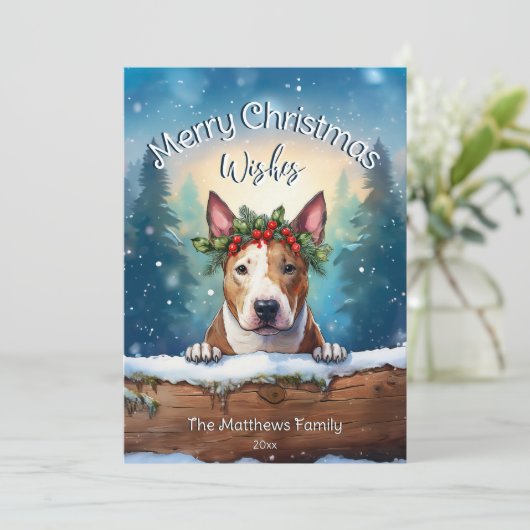 Snowy Pines Peeking Bull Terrier Vrolijk Kerstfees Feestdagenkaart (Staand voorkant)