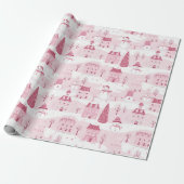 Snowy Pink Christmas Village Cadeaupapier (Uitgerold)