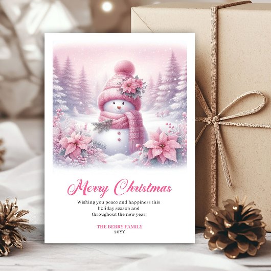 Snowy pink coquette snowman kids card digital art feestdagenkaart