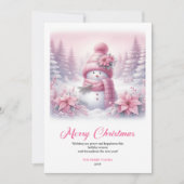 Snowy pink coquette snowman kids card digital art feestdagenkaart (Voorkant)