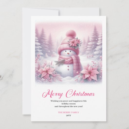 Snowy pink coquette snowman kids card digital art feestdagenkaart (Voorkant)