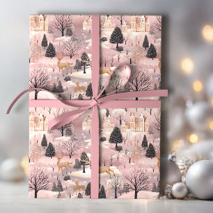 Snowy Pink Deer Forest Cadeaupapier