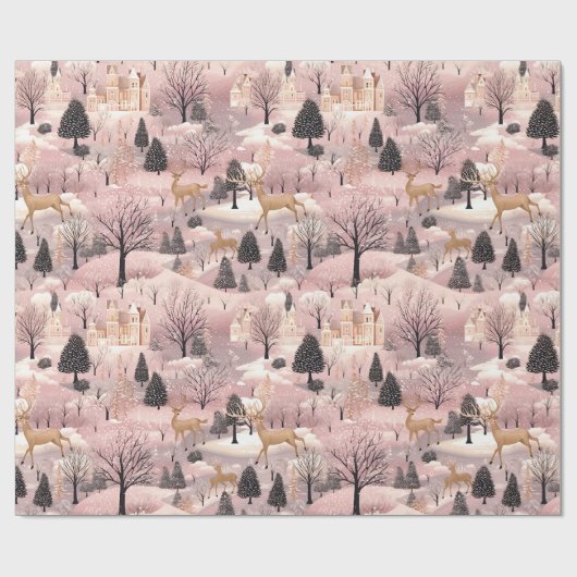 Snowy Pink Deer Forest Cadeaupapier (Vlak)