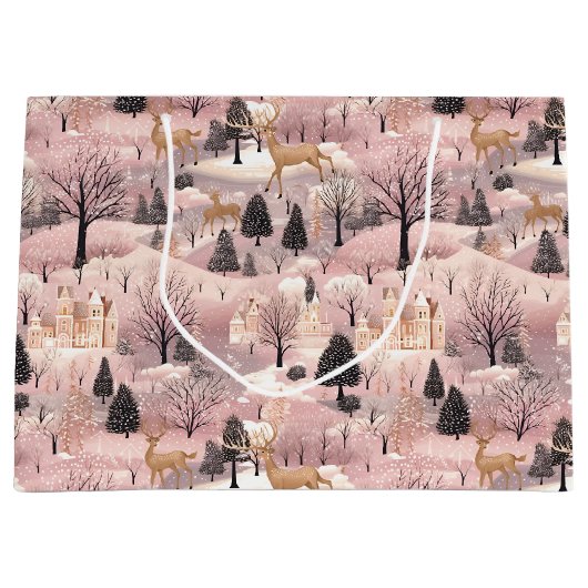 Snowy Pink Deer Forest Groot Cadeauzakje (Voorkant)