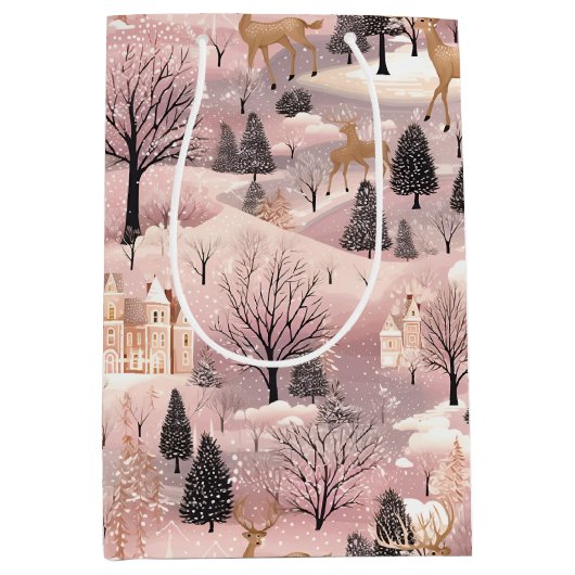 Snowy Pink Deer Forest Medium Cadeauzakje (Voorkant)