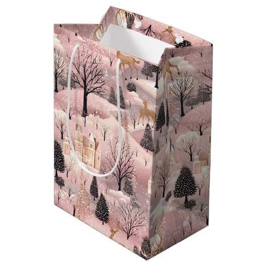 Snowy Pink Deer Forest Medium Cadeauzakje (Achterkant Gekanteld)