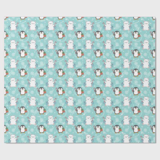 Snowy Polar Bears & Penguins Wrapping Paper | Cute Cadeaupapier (Vlak)