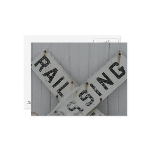 Snowy Rail Crossing Sign Briefkaart (Voorkant / Achterkant in situ)