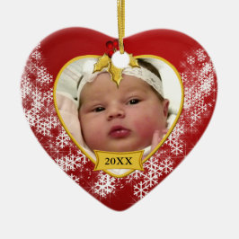 Snowy Red Baby's eerste kerstfoto Keramisch Ornament