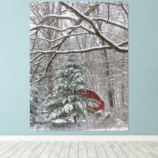 Snowy Red Barn Canvas Afdruk (Insitu (Houten vloer))