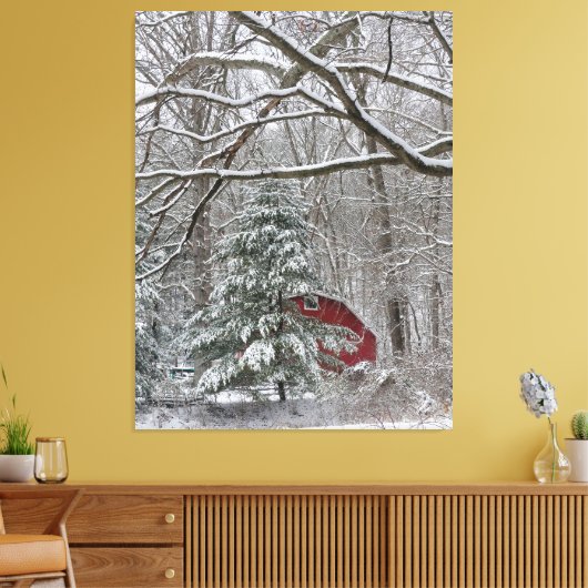 Snowy Red Barn Canvas Afdruk (Insitu (Woonkamer))