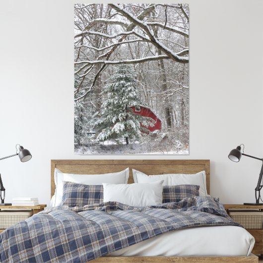 Snowy Red Barn Canvas Afdruk (Insitu (Slaapkamer))