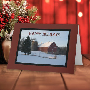 Snowy Red Barn Country Christmas Feestdagen Kaart