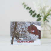 SNOWY RED BARN, HELLO from MICHIGAN! Briefkaart (Staand voorkant)