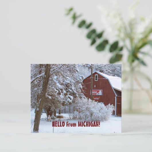 SNOWY RED BARN, HELLO from MICHIGAN! Briefkaart (Staand voorkant)