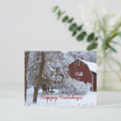 Snowy Red Barn Holiday Post Kaart (Staand voorkant)