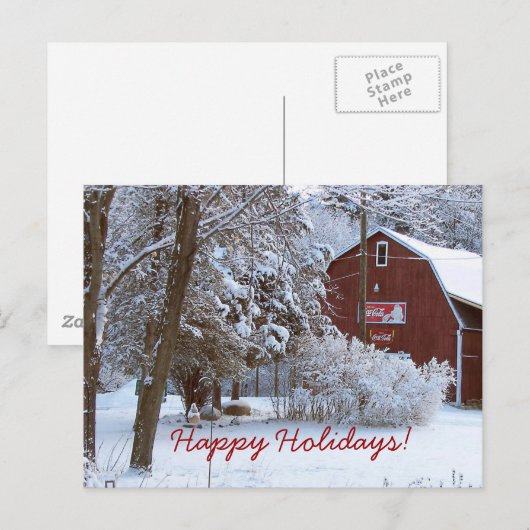 Snowy Red Barn Holiday Post Kaart (Voorkant / Achterkant)