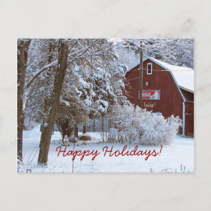Snowy Red Barn Holiday Post Kaart