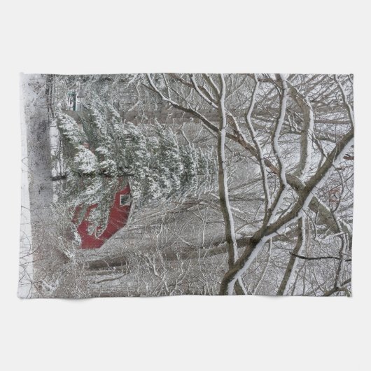 Snowy Red Barn Theedoek (Horizontaal)