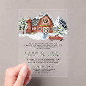 Snowy Red Barn Winter Christmas Wedding Acryl Uitnodigingen (Insitu (Draagbaar))