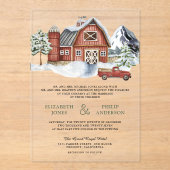 Snowy Red Barn Winter Christmas Wedding Acryl Uitnodigingen (Voorkant)